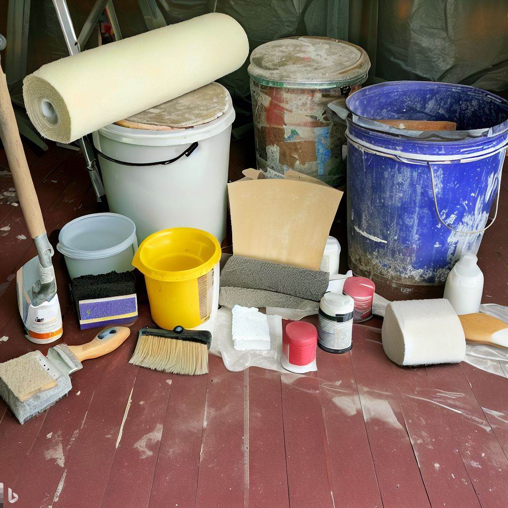 A set of DIY tools and materials for painting exterior window sills on a black metal sheet.