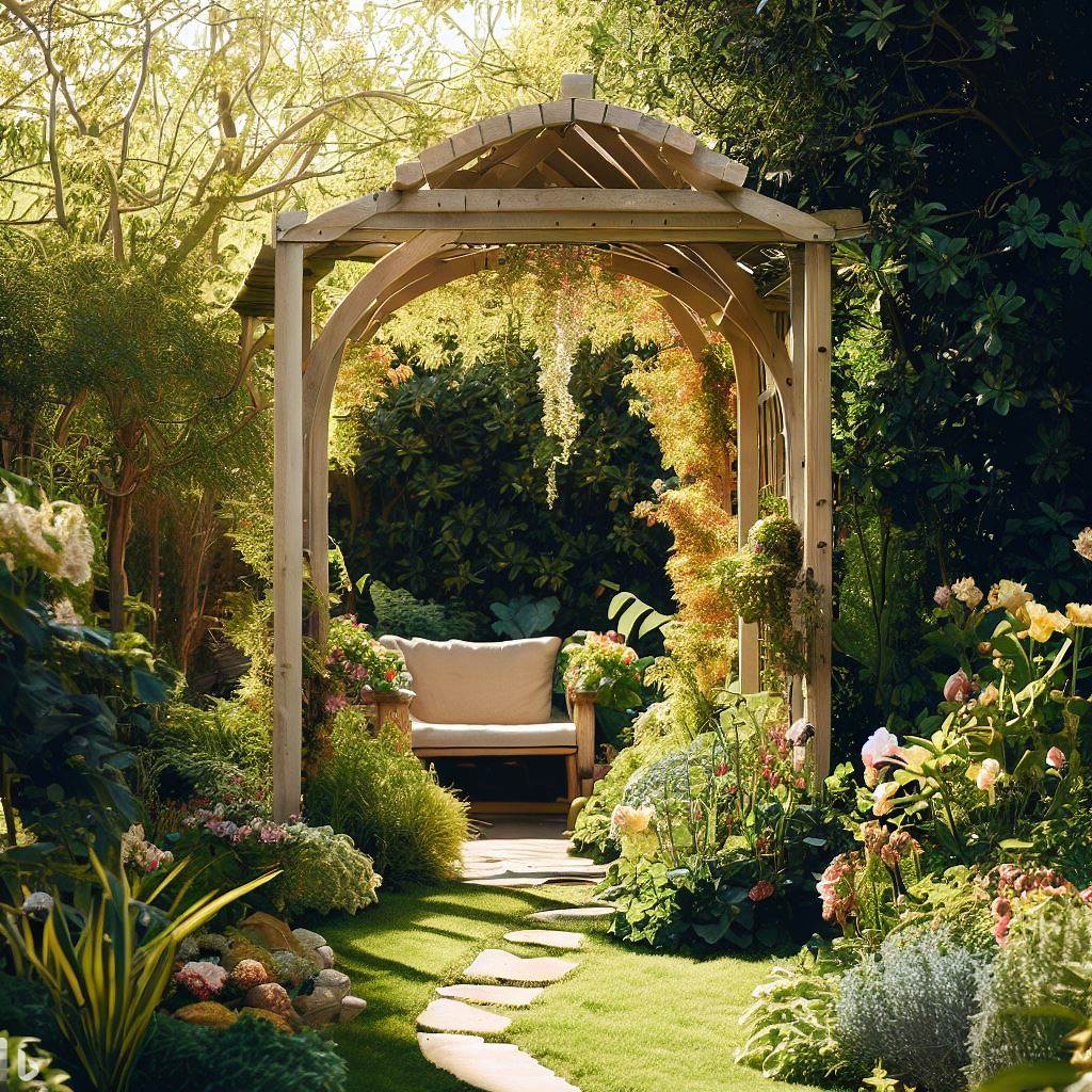 A stunning garden with an arbour in the background