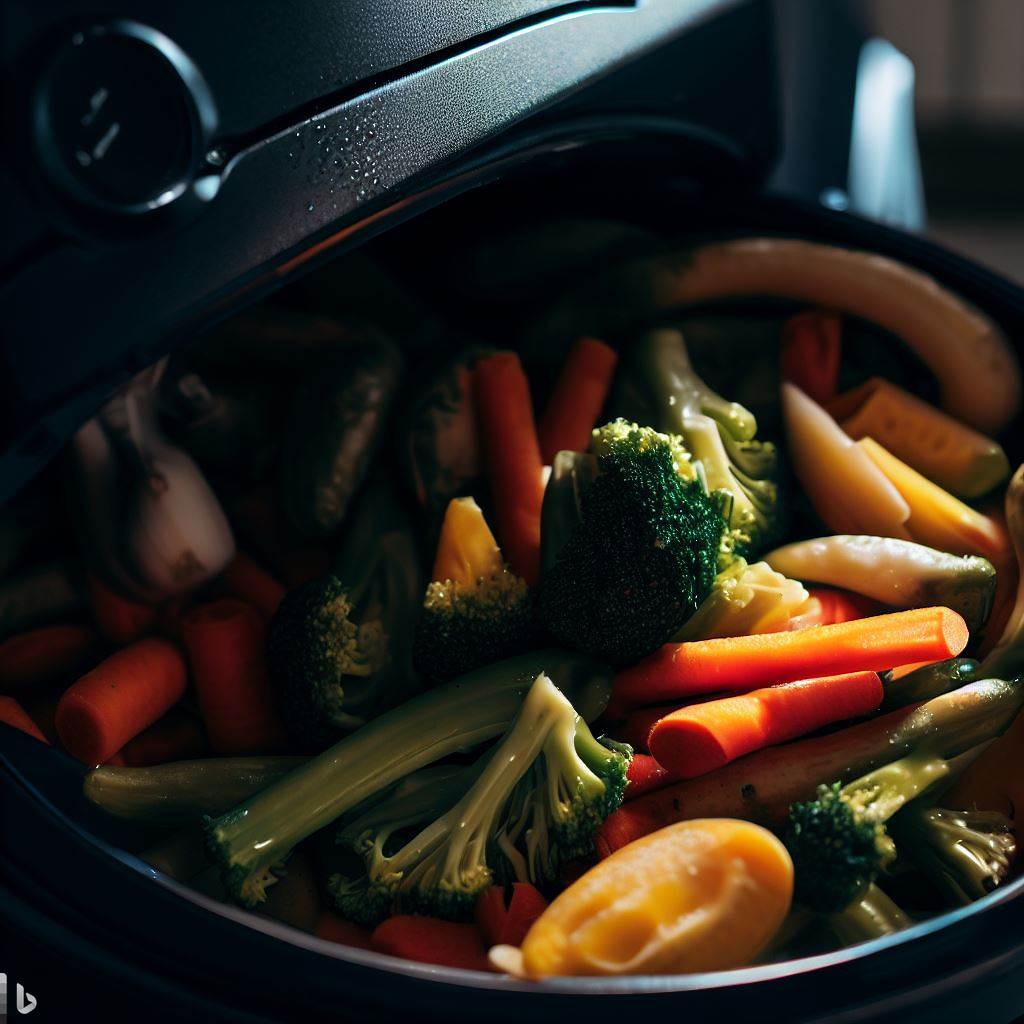 An assortment of colourful vegetables including broccoli and carrots in an air fryer