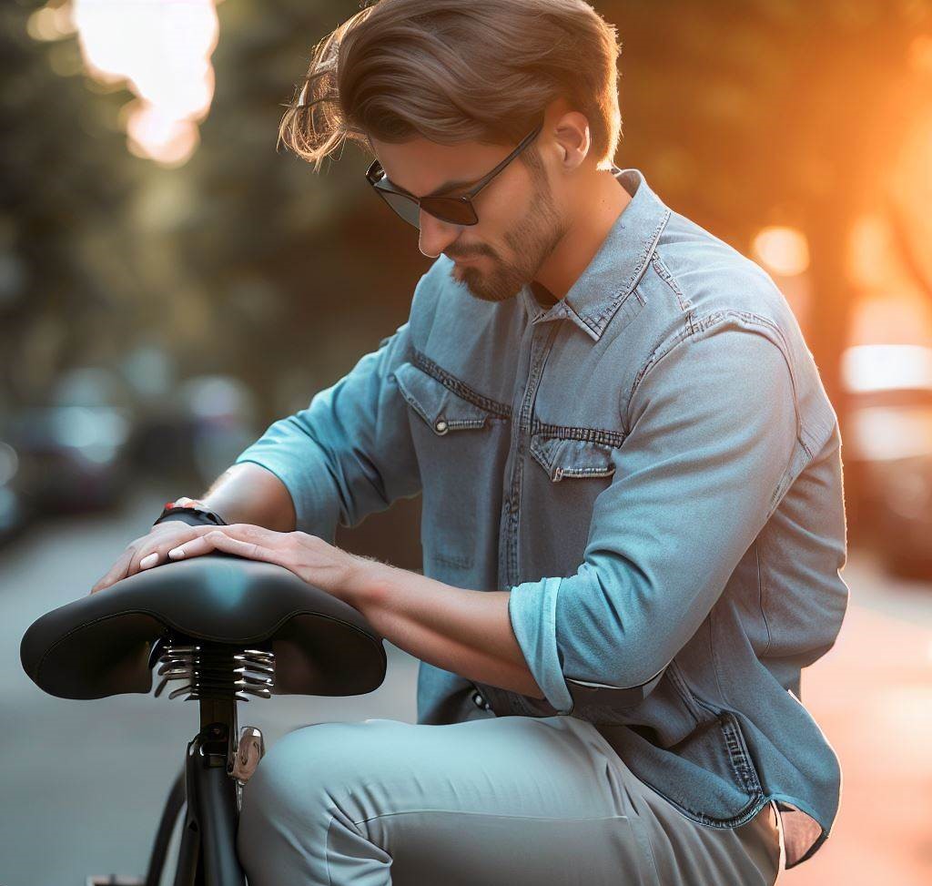 A man dressed in a denim shirt in a scenic setting adjusting the seat of a bike