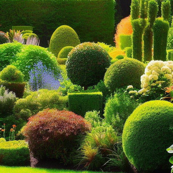 Scenic green garden with a variety of well groomed plants and trees