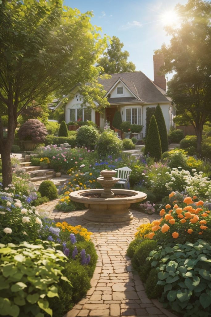 A naturally beautiful garden scene with realistic elements, capturing the essence of a well-maintained garden. Trees are perfectly trimmed and pruned. A House is visible in the background with a pathway surrounded by stunning shrubs in the foreground,