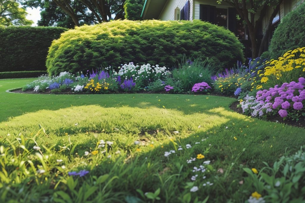 A vibrant, lush green lawn showcasing the importance of lawn feeding, weed control, and moss management. The image features healthy grass blades, scattered weeds, and patches of moss, emphasizing the need for nitrogen-based fertilizers, phosphates, and potassium in lawn care. A gardener holds a bag of lawn feed with visible labels, while autumn foliage in the background signifies the preparation for winter. The image complements an article on 'When to Use Weed Feed and Moss Killer for Better Lawn Feeding' and promotes sustainable lawn care practices