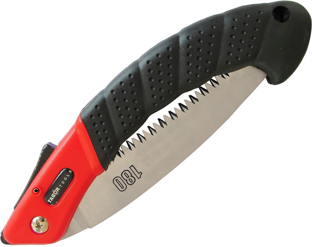 Red and black handle folded pruning saw