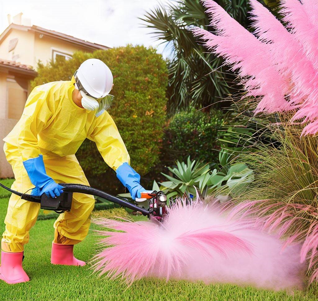 A man in heavy protective equipment including a yellow hazmat suit, white mask, pink boots safely eradicating Pink Pampas Grass from a garden