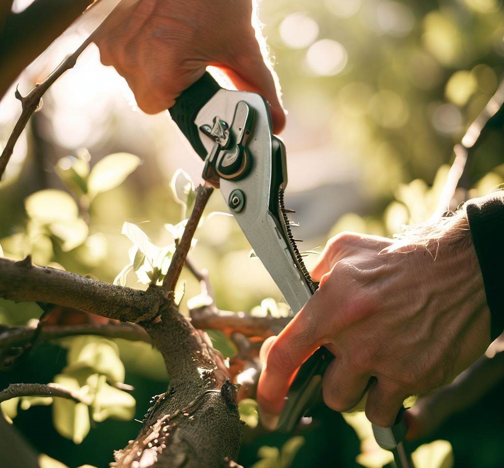 A close up of a pruning saw being used against a tough tree branch.