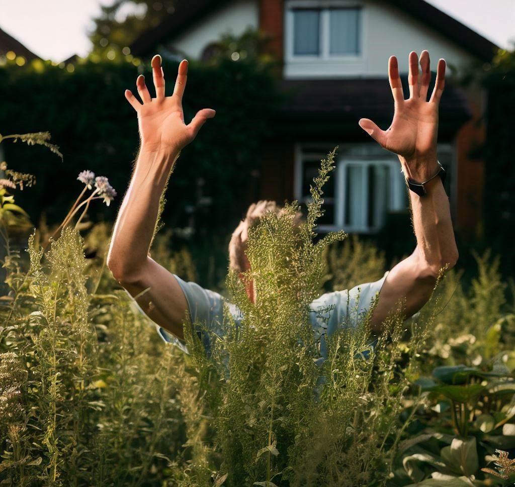 A frustrated home owner in a garden full of tall weeds.