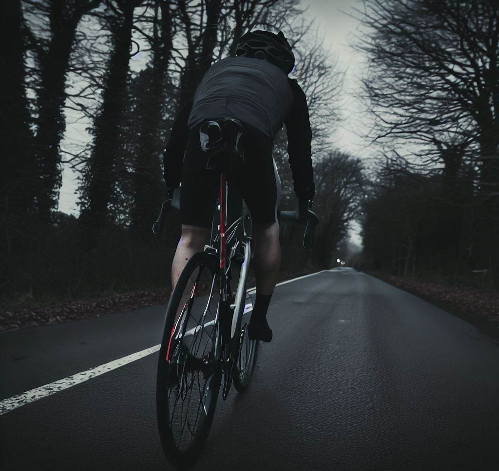 A lone cyclist riding along a road amidst a woody backdrop. Set against a dark theme.