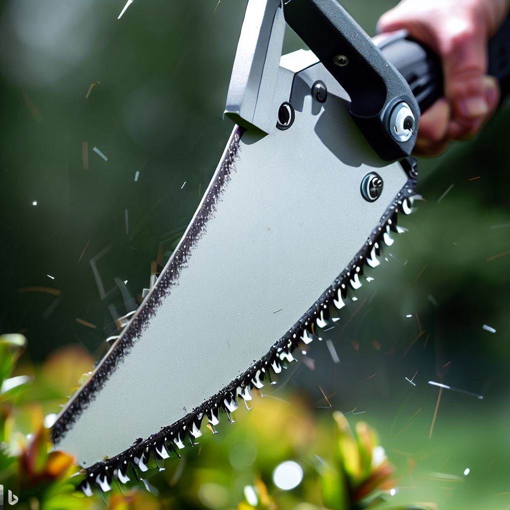 A close up of a sharp pruning saw blade